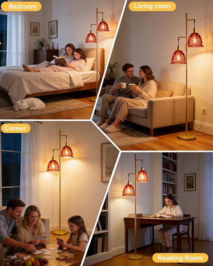 Lightdot 65IN Glass Floor Lamp for Living Room, 2- Light Gold Flower Floor Lamps with Rose Red Glass Lampshade,3000K Warm White Modern Standing Tall Lamp for Bedroom Corner Sofa Beside