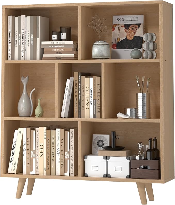 JAMFLY Bookshelf, 3 Tier Book Shelf with Legs, Modern Small Bookcase Storage Organizer Book Shelves for Bedroom, Living Room, Office, Natural