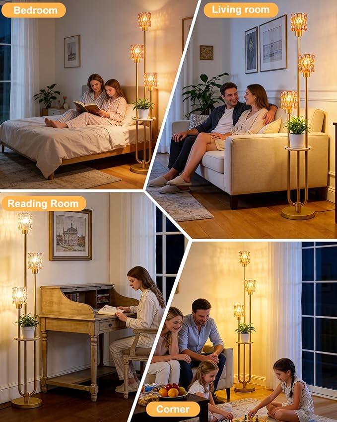 3-Light Modern Glass Floor Lamp with Shelf, Gold Tall Standing Lamp with Amber Flower Glass Shade, Industrial LED Floor Lamp with Foot Switch for Living Room Bedroom Home Decor, Bulb Included