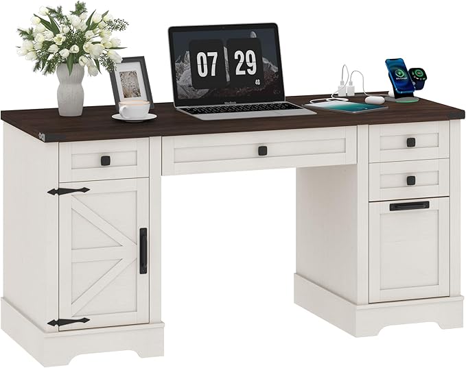58'' Farmhouse Home Office Desk with Drawers, Wooden Executive Desk with Charging Station, File Drawers and Storage Cabinet, Computer Desk for Work, Study and Writing, Rustic White