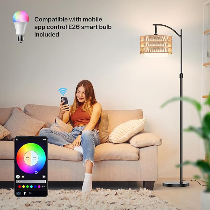 Boho Floor Lamp - Arched Floor Lamps for Living Room, Farmhouse Floor Lamp with 3 Color Temperature Black Standing Lamp with Rattan & Fabric Double Shade Bohemian Rattan Floor Lamps for Bedroom Office