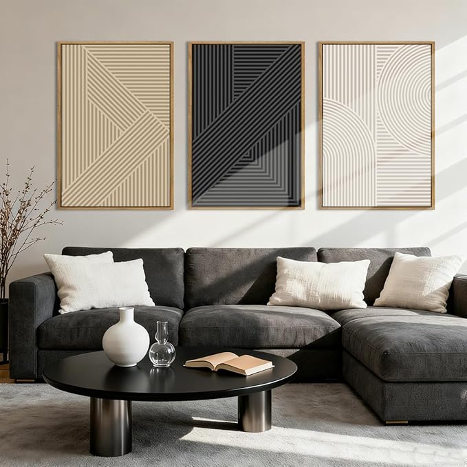 BINCUE Large Neutral Abstract Wall Art Decor Framed,Mid Century Modern Canvas Arts,Boho Wall Paintings Minimalist,Beige Geometric Artwork for Home Living Room Bedroom Bathroom 36x24 Inch Set of 3