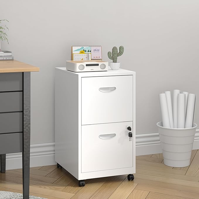 2 Drawer File Cabinet with Lock, Filing Cabinets with Wheels, Rolling File Cabinets for Home Office, Metal Office File Cabinet, for Holding Letters and File Boxes, Assembly Required, White