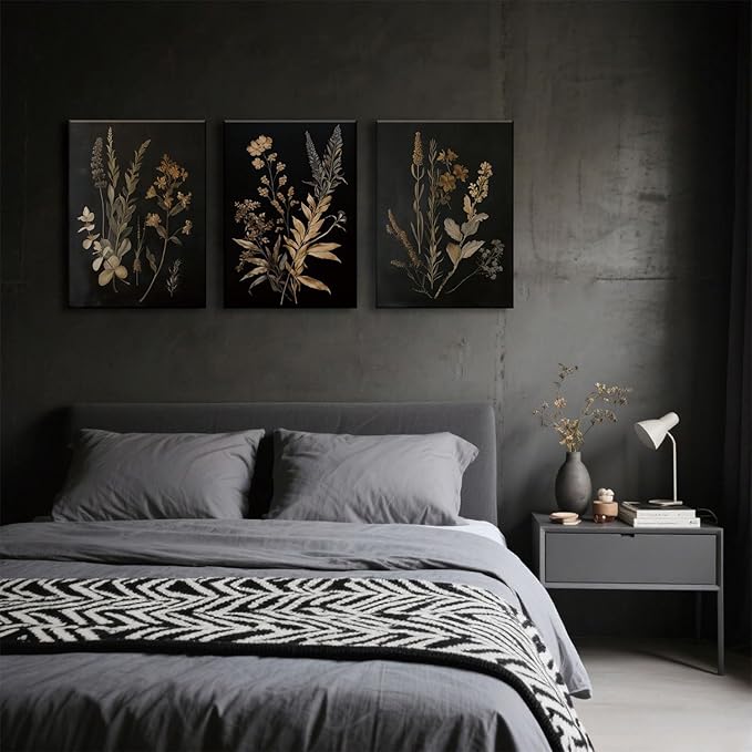 TUEASKY 3 Piece Floral Canvas Wall Art Dark Moody Wall Decor Botanical Pictures Wildflower Paintings 3 pieces Flower Prints for Bedroom Living Room