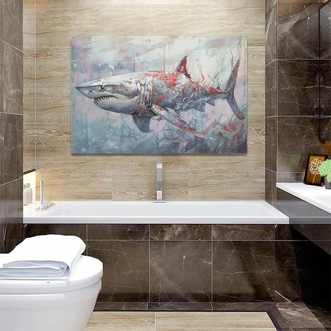 yerretin Ocean Shark Wall Art Nautical Shark Pictures Wall Decor Beach Coastal Undersea Canvas Painting Modern Artwork Home Decorations for Bathroom Bedroom Living Room Office Framed 24"x16"