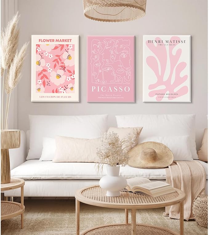 Matisse Abstract Wall Art Decor Pink Flower Canvas Pictures Picasso Aesthetic Wall Art Henri Matisse Prints Poster Abstract Flower Painting Market Artwork for Bedroom 16x24 Inch Framed Set of 3
