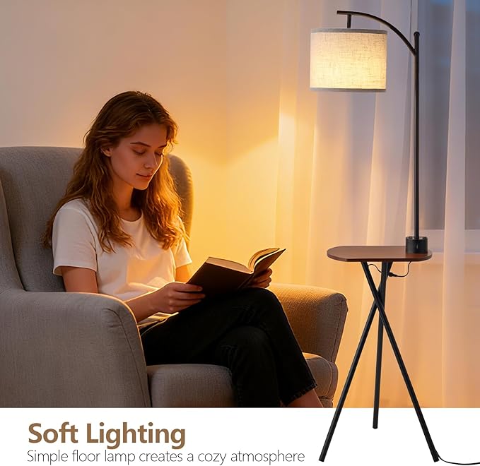 Floor Lamp with Oval Side Table, 3 Color Temperature 9W LED Bulb, Remote and Foot Switch Control, USB A and C Ports, Dual AC Outlets, 1-Hour Timer, Modern Lamp for Living, Bedroom, Black