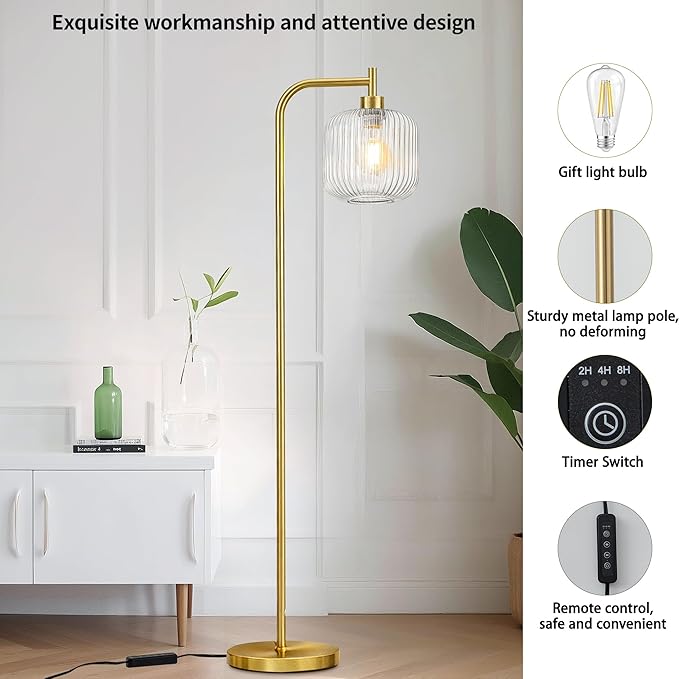 MAYNA Mid Century Modern Floor Lamp, Clear Ribbed Glass Standing Lamp with Built-in Timer Switch, Gold Tall Vintage Lamps for Living Room Bedroom, 2700K LED Bulb Included