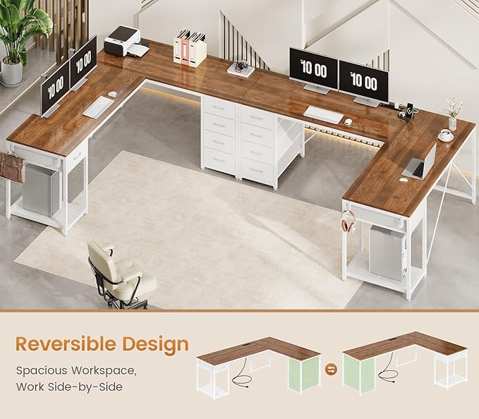 57" L Shaped Desk with 5 Drawers, Reversible Computer Corner Desk with Storage & Power Strip for Home Office, 78.7" Long 2 Person Desk, Brown+White