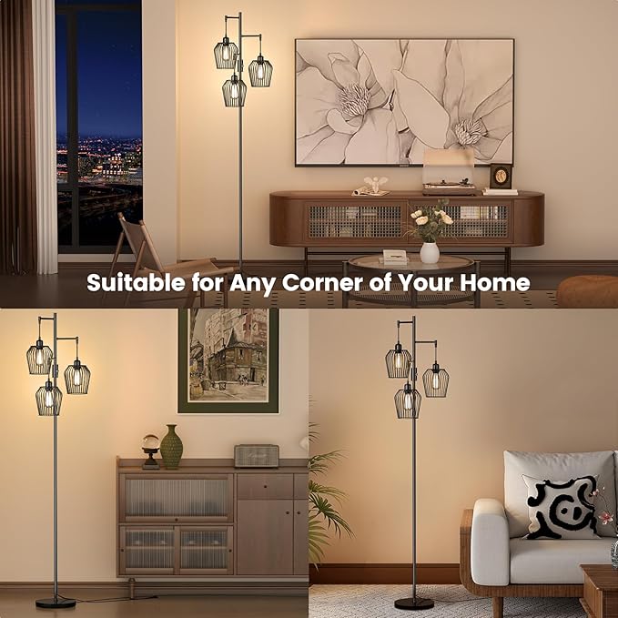 Dimmable Floor Lamp, Farmhouse Industrial Floor Lamp with Elegant Cage & 3 x 1000LM LED Bulbs, Tall Standing Lamp Black Tree Floor Lamps for Living Room Bedroom Office