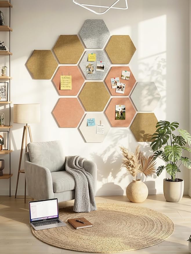 8 Pack Hexagon Felt Bulletin Board Tiles - 11.8" Large Thick Pin Board for Walls with 30 Push Pins, DIY Boards for Office Home School Decor, Aesthetic Hex Cork Board Alternative