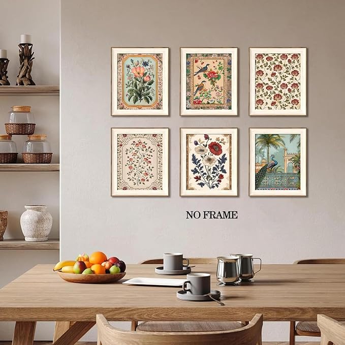 Vintage Floral Wall Art Poster Set of 6, Rustic Flower Bird Pictures Wall Decor, Retro Neutral Botanical Peacock Paintings Canvas Prints Aesthetic Home Decor for Living Room Bedroom 8x10in Unframed