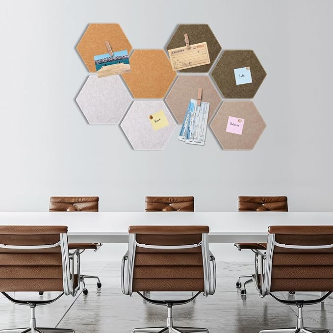 8 Pcs 12" Large Hexagon Felt Cork Bulletin Board Tiles Self Adhesive DIY Pin Board with 50 Push Pins and 10 Colored Clips, Wall Decor for Office Home Kitchen Photos Memos(Burlywood)