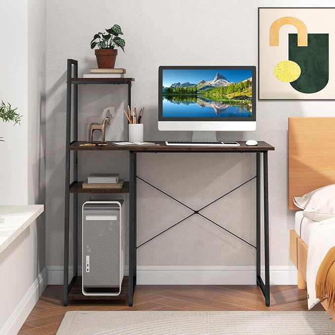 Giantex Computer Desk with Shelves, 47.5” Home Office Desk with Bookshelf, Host Stand, Metal Frame, PC Laptop Workstation, Modern Study Writing Desk for Bedroom, Small Space (Rustic Brown & Black)