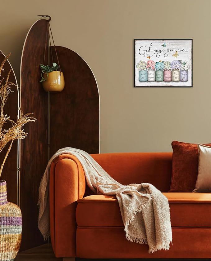 God Says You Are Wall Art: Christian Inspirational Bible Verse Wall Art Religious Scripture Encouragement Gifts for Women,Hydrangea in Mason Jar Prints Butterfly Posters Bedroom Decor 12" x 15"
