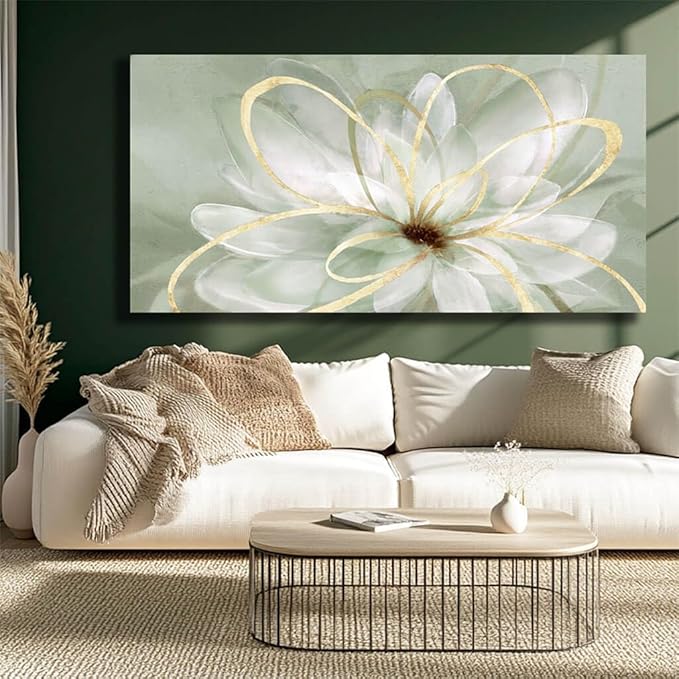 Artexist Flower Wall Decor White Blossom Plant Gold Line Canvas Painting Modern Hand Painted Wall Art for Living Room Bedroom Office 29x58 Inch