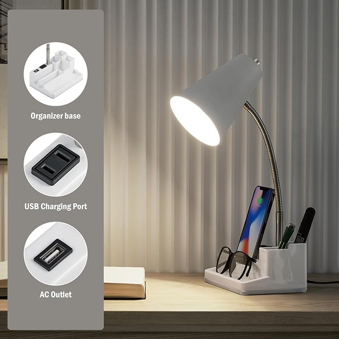 Desk Lamp Cute for Small Space, Lamp Desk with USB Port and Outlet, Desk Lamps for Home Office with Pen Holder, Study lamp for College Dorm Room, Flexible Arm, White