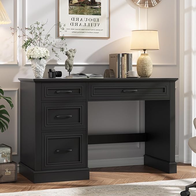 Farmhouse 47" Executive Desk with 3 Drawers and Adjustable File Drawer, Workspace for Home Office and Study, Pure Black.
