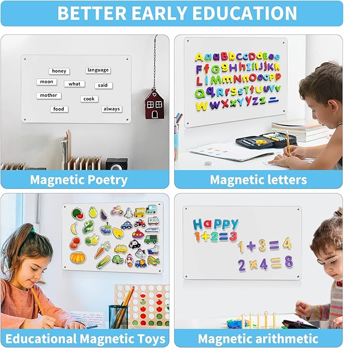 17.7" x 11.8" White Metal Magnetic Board - Magnet Bulletin Board to Display Magnetic Letters Numbers Animal, Poetry, Spice Jars, Notes, Photos, Suitable for Wall, Refrigerator, Cubicle, Cabinet