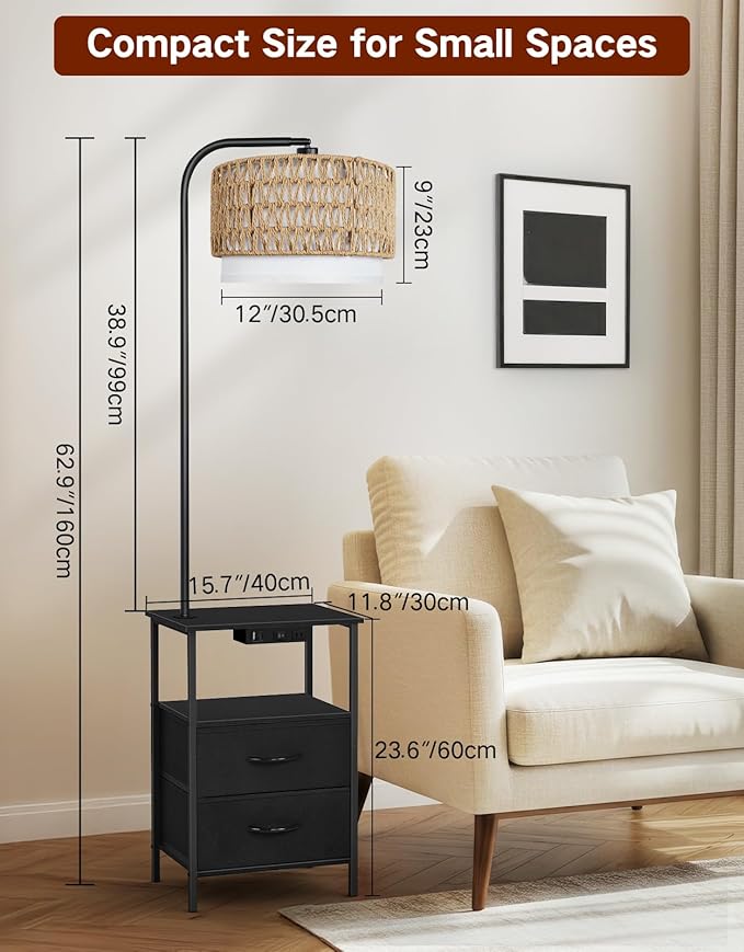 Floor Lamp with Table, 2 Drawers & Rattan, Side End Table with Charging Station, Dimmable Nightstand with 3 Color Temperature, 1-Hour Timer, 12W LED Bulb, for Living Room, Bedroom(Black)