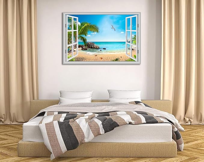 Large Beach Pictures Wall Art Canvas Print Artwork Blue Ocean Palm Tree Seascape Decor Living Room Bedroom Office with Framed 32 x48