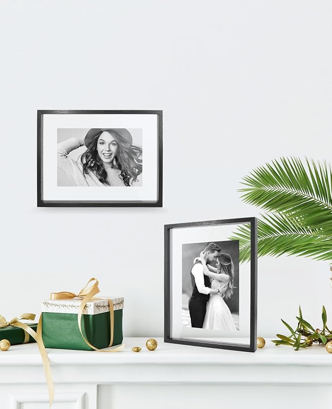 AceList 11x14 Floating Frames, Double Plexiglass Wood Picture Frame, Display Any Size Photo up to 11x14 photos for Desktop or Wall Hanging, Black