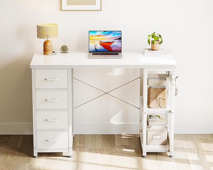 ODK 40 Inch Small White Computer Desk with 4 Fabric Drawers, Modern Office Desk for Home Office Gaming with Storage Shelves Study, White