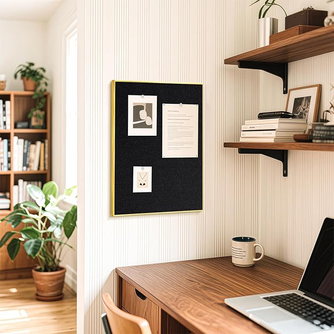 Linen Bulletin Board 30 x 20 Inches, White Cork Board for Wall, Gold Aluminum Framed Fabric Pin Board Tack Board, 10 Push Pins, Black Linen