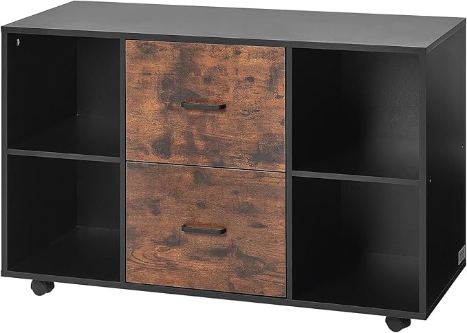 VEVOR 2 Drawer Wooden File Cabinet, Mobile Filing Cabinet with Open Shelves, Lateral Rolling File Storage with Lockable Wheels, Modern Free Standing Printer Stand for Home, Office, School, Black