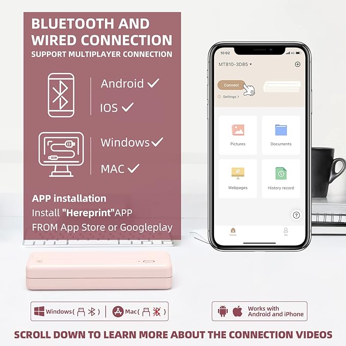 HPRT Wireless Portable Printer - Bluetooth Thermal Printer for Travel, Mobile Office, School, Home Compatible with iOS Android (Renewed) (Pink)