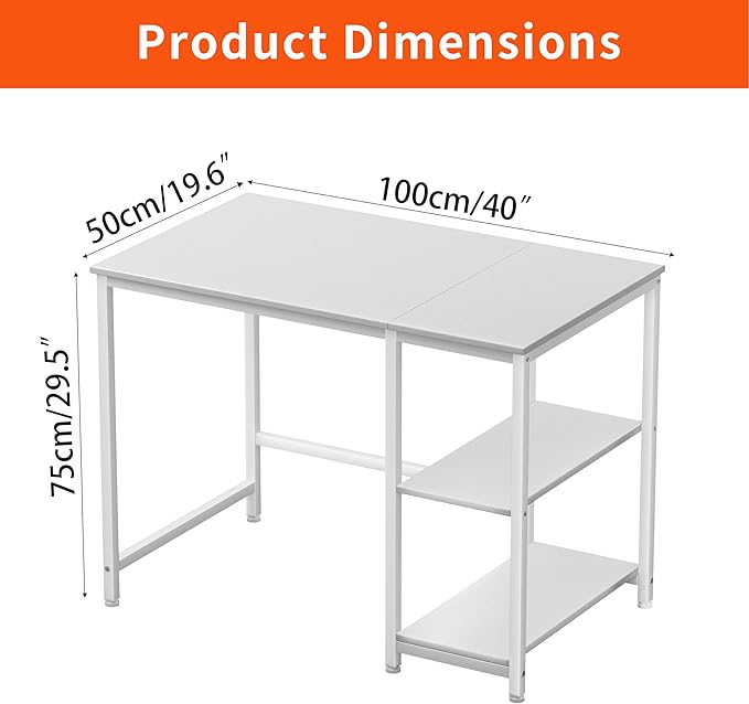 JOISCOPE Home Office Desk with Double Reversible Side Shelves and Headphone Hooks, Small Computer Desk for Working, Gaming, Studying, 40 inches, White
