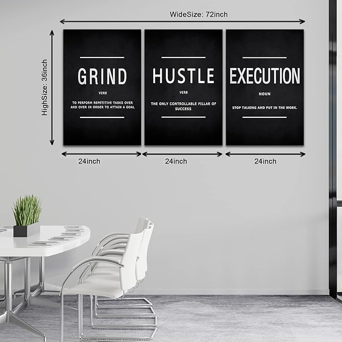 Large Office Painting, Grind Hustle Execution Motivational Poster Entrepreneur Quotes Workplace Canvas Wall Artwork Decoration 3 Panels for Office Home Framed