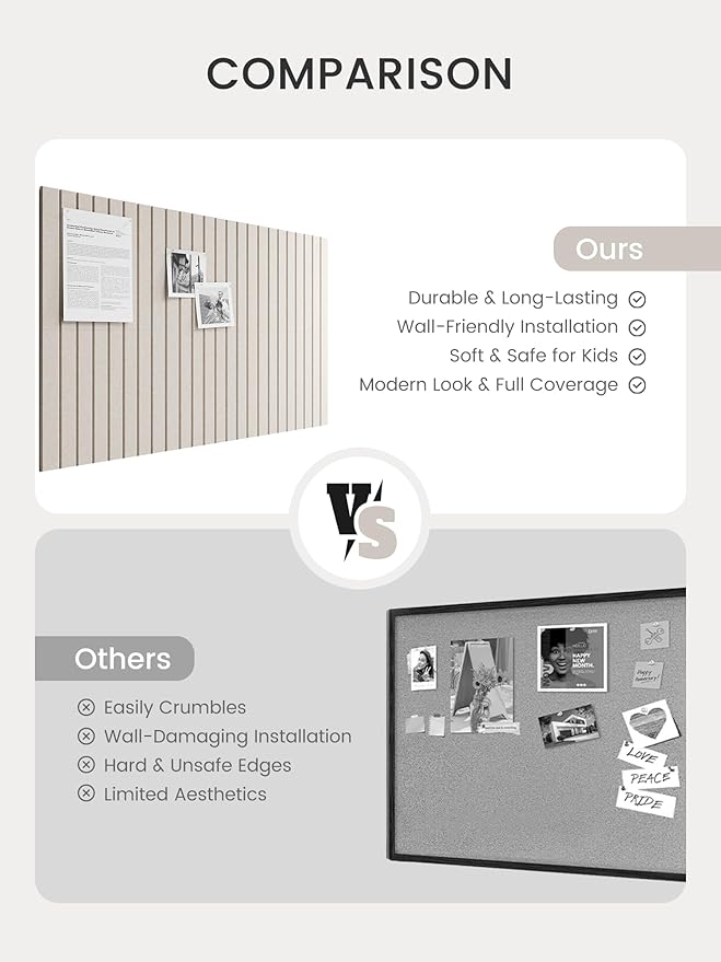 Bumusty Large Cork Board Alternative-36 x 24" Felt Bulletin Board Tiles, with 30 Pushpins, 40 Adhesive Tabs, 6-Pack Slat Wall Paneling, Cork Boards for Office Push Pin Board Felt Board-Oatmeal