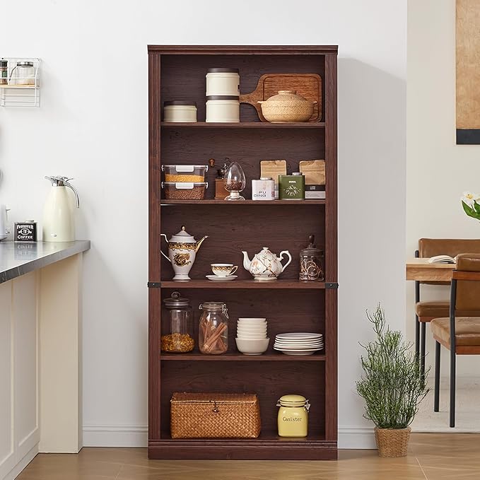 70" Walnut Tall Bookshelf Set of 2,5-Tier Thick Wooden Book Shelf with Adjustable Shelves,Free Standing Farmhouse Bookcase with Open Display Storage,Floor Vintage Bookshelves for Living Room