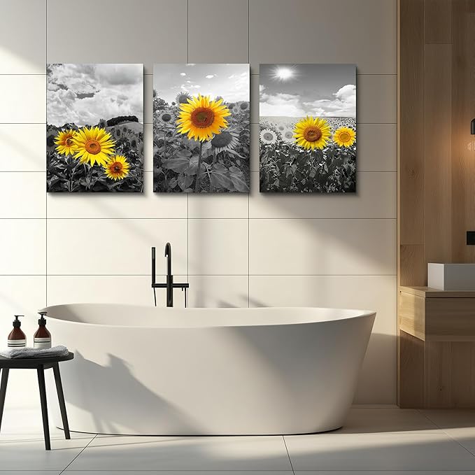 Large Size Canvas Wall Art For Living Room Family Bedroom Wall Painting Decoration,Bathroom Wall Decor Kitchen Home Decoration Black And White Sunflower Flowerswall Pictures Artwork,20x28 3 Piece