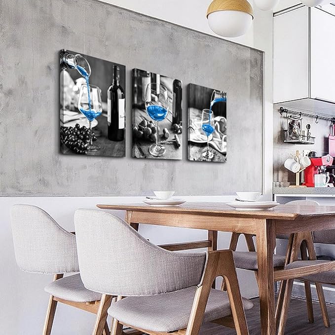 Lapremoly Blue Wine Wall Art Prints - 3 Pieces Canvas Art for Kitchen, Dining Room, Bar, Restaurant - Modern Inspiration Wall Decor with Black and White Wine Glasses Theme