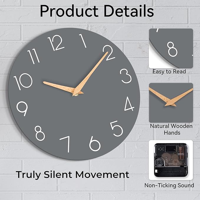 Wall Clock, 16 Inch Wooden Battery Operated Wall Clocks Silent Non-Ticking, Decorative Gray Clock for Living Room, Bedroom, Kitchen, Home, Office, School, Hotel