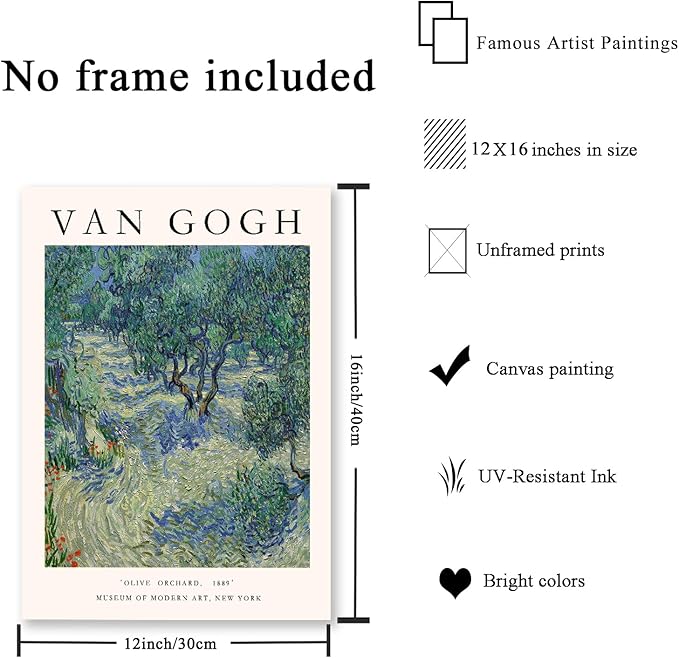 Van Gogh Wall Art, Van Gogh Art Posters, Olive Orchard Floral Garden Art, Retro Famous Artist Paintings Museum Gallery Exhibition Poster for Living Room, Aesthetic Vintage Decor, Unframed, 12x16 In