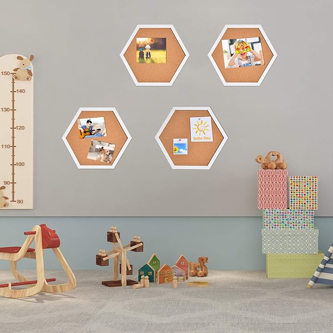 AkTop Cork Bulletin Board Hexagon 4 Pack, Small Framed Corkboard Tiles for Wall, Thick Decorative Display Boards for Home Office Decor, School Message Board with 16 Push Pin Wood Clips, White