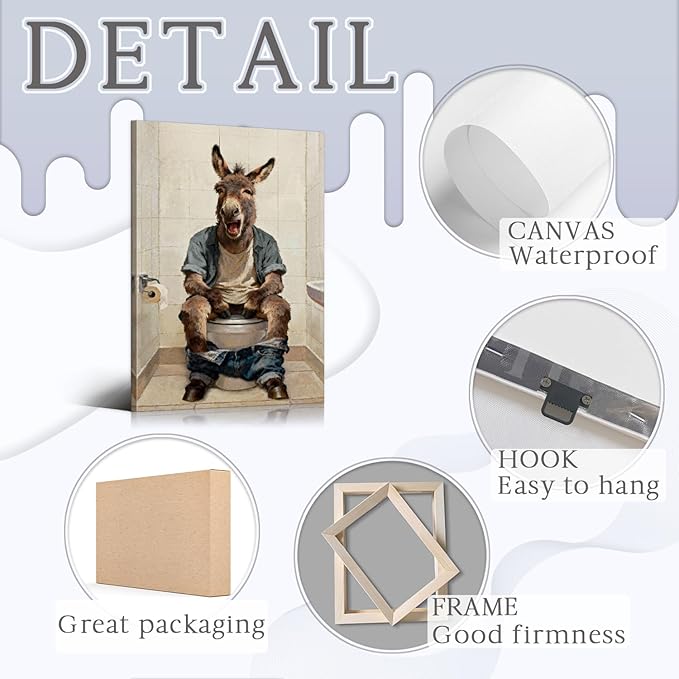 Funny Donkey Bathroom Wall Art Humorous Bathroom Pictures Wall Decor with Wooden Frame, Lightweight Donkey Sitting on Toilet Pictures Poster Animals Painting for Home Toilet Decor, 28x40 Inches