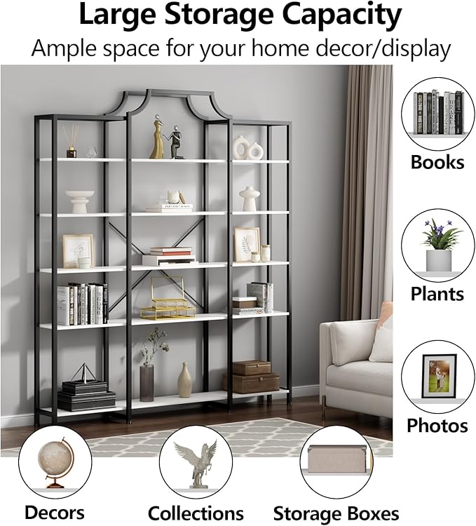 Auromie Triple Wide 5-Tier Bookshelf, 70.87" L x 79.13" H Extra Large Bookcase, Tall Open Etagere Display Shelf with Metal Frame, Freestanding Modern Storage Shelves for Home Office, Black&White
