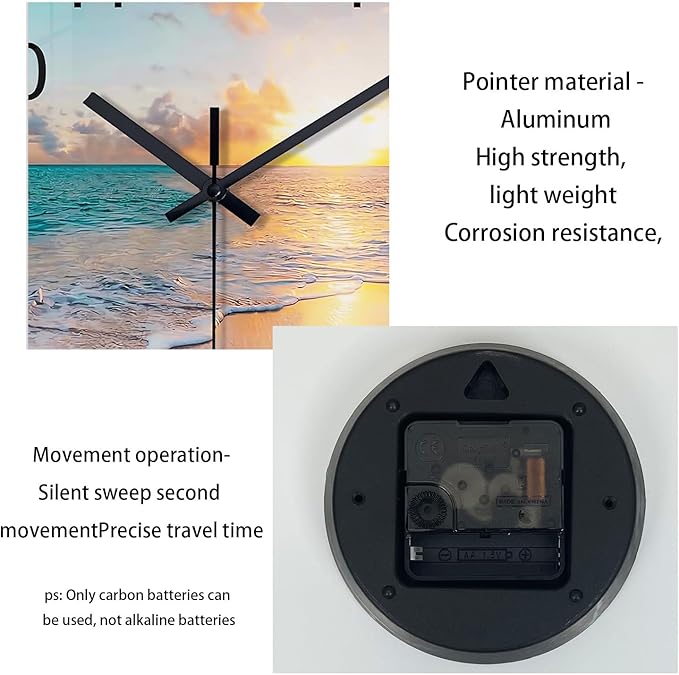 Beach Wall Clock Battery Operated 12 Inch Glass Wall Clock Non Ticking Analog Blue Wall Clocks for Bedroom Living Room Office Decor