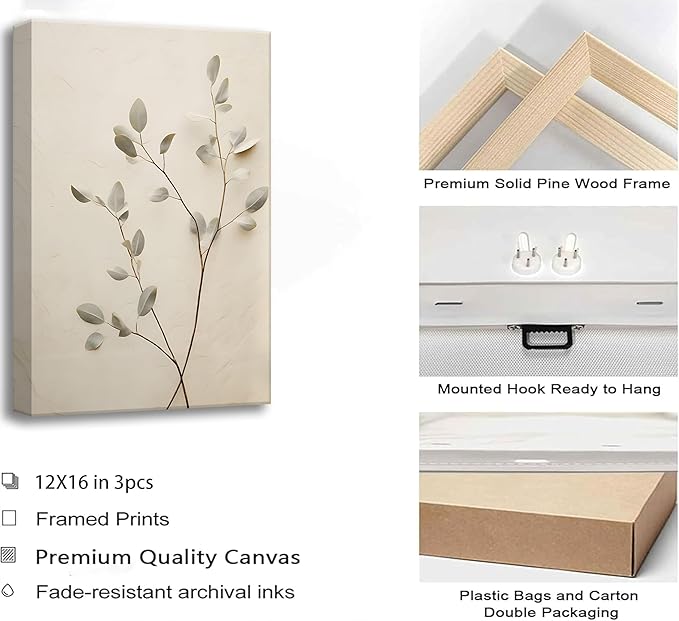 3Pcs Neutral Beige Floral Plant Canvas Wall art Textured Flower Botanical Painting Picture Wall Decor Vintage Blossom Poster Prints for Living Room Bedroom Bathroom Decoration
