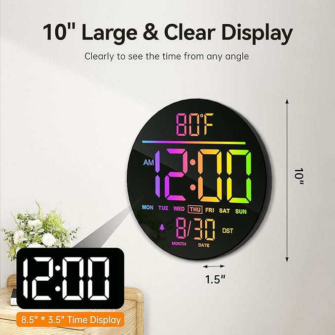 JALL 10" Large Digital Wall Clock with Seconds, Alarm Countdown Timer, Big LED Display, RGB Color, DST, Temperature, Mounted for Bedroom Living Room Office Classroom Gym, Xmas Birthday Gift, Green