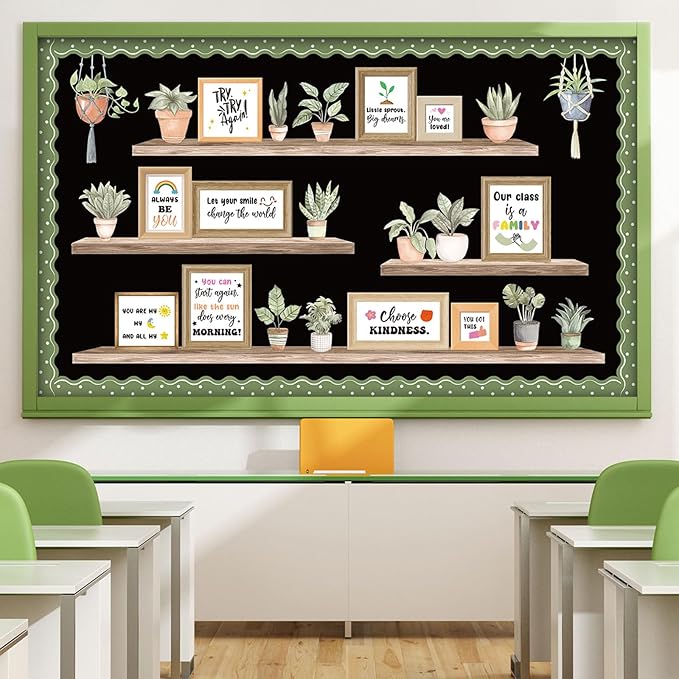 Pajean Bookshelf Bulletin Board Plant Motivational Positive Classroom Decoration Greenery Potted Cutouts for Back to School First Day Window Door Wall Elementary Preschool Teacher Supplies