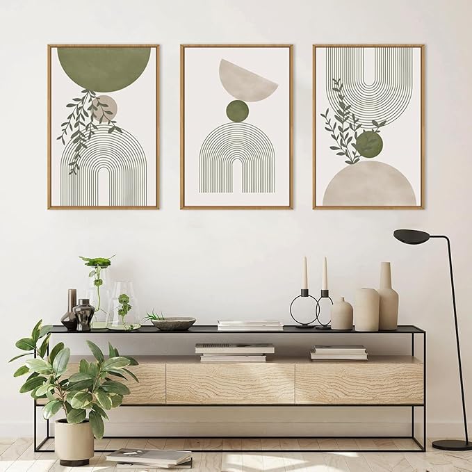 ANHUIB Boho Abstract Wall Art Canvas,Sage Green Wall Decor Framed,Geometric Line Art Prints Leaves,Minimalist Artwork Botanical,3 Piece 16x24In Beige Nature Painting for Living Room Bedroom