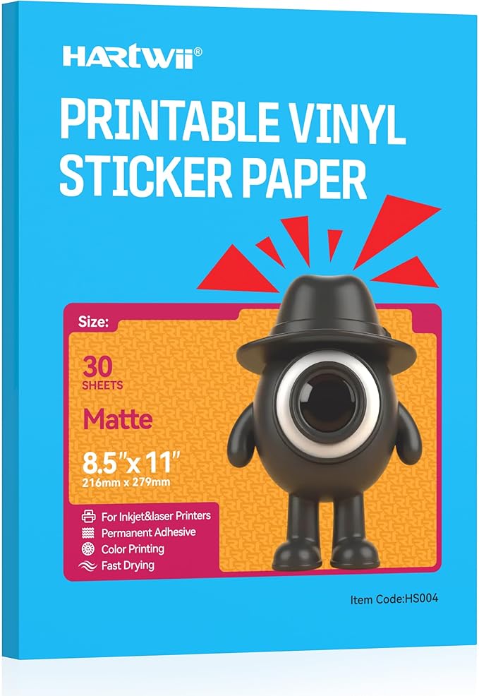 30 Sheets Printable Vinyl Sticker Paper,Matte White Waterproof Sticker Paper 8.5x11 Inch,Dries Quickly with Vivid Colors,Tear Resistant for Inkjet & Laser Printer,Compatible with Cricut for DIY