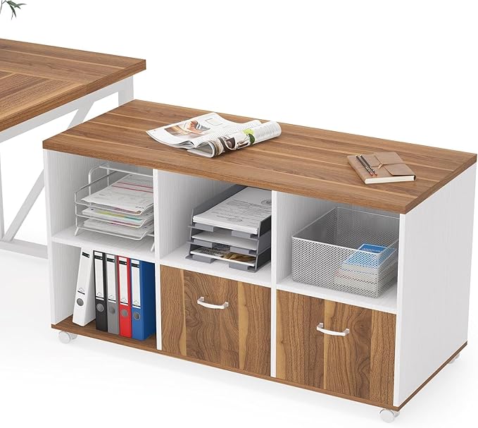 Tribesigns 2 Drawers Lateral File Cabinets, Home Office 47-inch Mobile Wood Filing Cabinet Printer Stand with Wheels and Open Storage Shelves,Drawers for Letter Size (White)