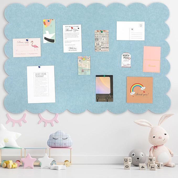 Scalloped Felt Bulletin Board 72 x 48 Inches Foldable Light Blue Pin Cork Board Alternative for Wall, 6' x 4' Trifold Picture Vision Self Adhesive Bulletin Decorative
