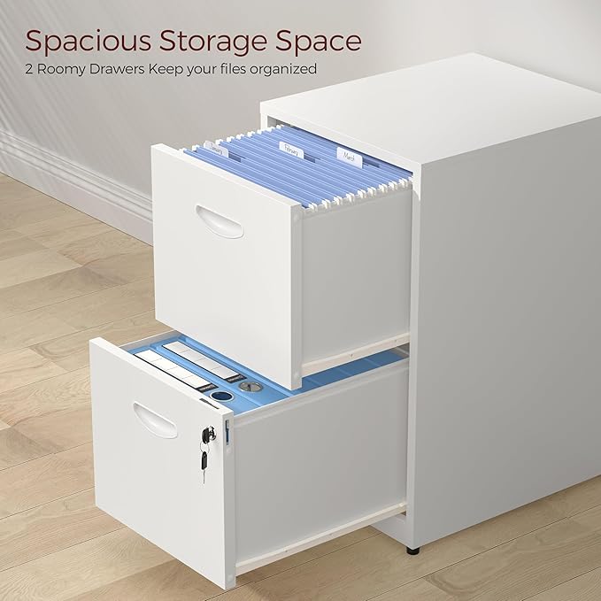 2 Drawer File Cabinet with Lock,White Metal Filing Cabinets,Vertical Locking File Cabinet Fit Hanging Files, Letter,File Box and A4 Documents(White)
